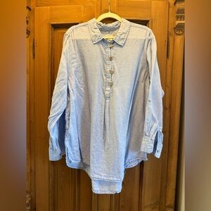 2X Sigrid Olson Light Blue Linen Women’s Long-Sleeve Button Pullover Top